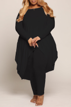 Black Fashion Solid Flounce O Neck Plus Size Two Pieces
