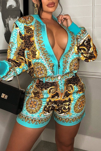 Blue Sexy Print Patchwork Zipper Zipper Collar Long Sleeve Two Pieces