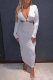 White Sexy Solid Hollowed Out V Neck Waist Skirt Dresses