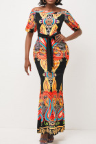 Multicolor Vintage Print Patchwork Off the Shoulder Printed Dress Dresses