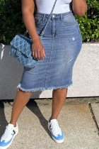Light Blue Casual Solid Patchwork High Waist Denim Skirts
