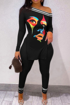 Black Fashion Casual Print Patchwork Slit Oblique Collar Long Sleeve Two Pieces
