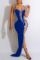 Blue Sexy Formal Patchwork Hot Drilling See-through Backless Slit Spaghetti Strap Evening Dress