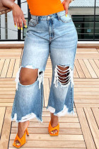 Light Blue Casual Street Solid Ripped Make Old Patchwork High Waist Denim Jeans