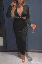 Black Sexy Solid Hollowed Out V Neck Waist Skirt Dresses