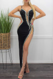 Black Sexy Formal Patchwork Hot Drilling See-through Backless Slit Spaghetti Strap Evening Dress