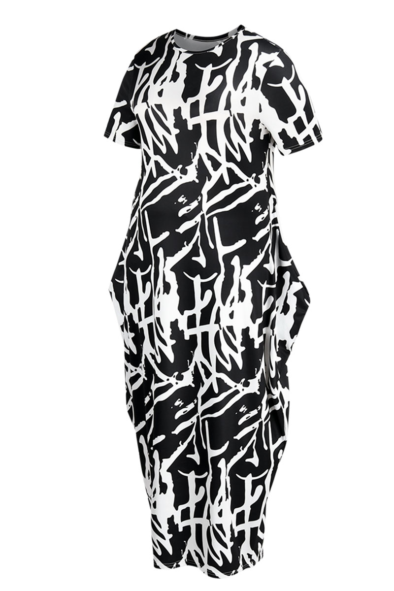 Wholesale Black Fashion Casual Print Patchwork O Neck Long Dress Plus ...