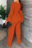 Tangerine Casual Solid Patchwork V Neck Long Sleeve Two Pieces