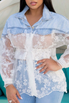Blue Sexy Patchwork Lace Turndown Collar Tops