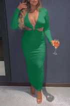 Green Sexy Solid Hollowed Out V Neck Waist Skirt Dresses