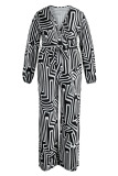 Grey Casual Print Bandage Patchwork V Neck Plus Size Jumpsuits