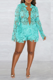 Light Blue Sexy Patchwork Lace V Neck Long Sleeve Two Pieces