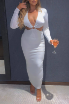 White Sexy Solid Hollowed Out V Neck Waist Skirt Dresses