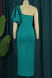 Lake Green Elegant Solid Patchwork Asymmetrical With Bow Asymmetrical Collar Dresses