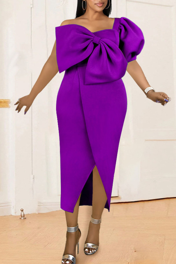 Purple Elegant Solid Patchwork Asymmetrical With Bow Asymmetrical Collar Dresses