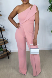 Pink Fashion Solid Patchwork Off the Shoulder Boot Cut Jumpsuits