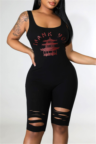 Black Sexy Casual Print Ripped U Neck Skinny Romper