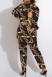 Black Yellow Fashion Casual Print Cardigan Vests Pants Turn-back Collar Long Sleeve Two Pieces