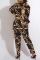 Leopard Print Fashion Casual Print Cardigan Vests Pants Turn-back Collar Long Sleeve Two Pieces