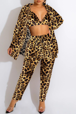 Leopard Print Fashion Casual Print Cardigan Vests Pants Turn-back Collar Long Sleeve Two Pieces