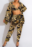 Tiger Pattern Fashion Casual Print Cardigan Vests Pants Turn-back Collar Long Sleeve Two Pieces