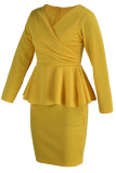 Yellow Casual Work Solid Patchwork Flounce V Neck One Step Skirt Dresses