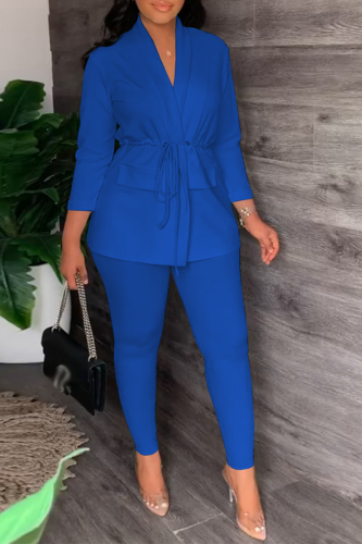 Blue Fashion Solid Bandage Turndown Collar Long Sleeve Two Pieces