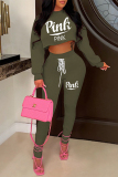 Dark Green Fashion Casual Letter Print Bandage Backless Hooded Collar Long Sleeve Two Pieces