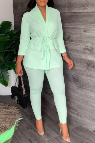 Green Fashion Solid Bandage Turndown Collar Long Sleeve Two Pieces