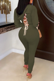 Dark Green Fashion Casual Letter Print Bandage Backless Hooded Collar Long Sleeve Two Pieces