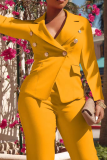 Yellow Fashion Solid Buckle Turndown Collar Long Sleeve Two Pieces