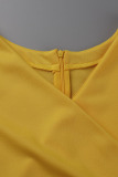 Yellow Casual Work Solid Patchwork Flounce V Neck One Step Skirt Dresses
