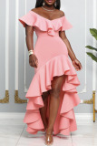 Pink Elegant Solid Patchwork Flounce Asymmetrical V Neck Evening Dress Dresses