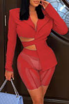 Red Sexy Solid Patchwork Mesh Turndown Collar Long Sleeve Two Pieces