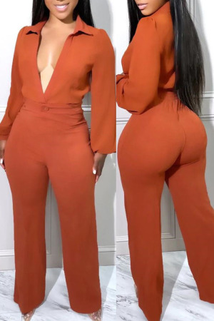 Tangerine Red Sexy Solid Patchwork V Neck Straight Jumpsuits