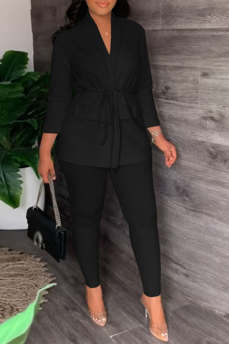 Black Fashion Solid Bandage Turndown Collar Long Sleeve Two Pieces