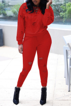 Red Casual Solid Ripped Hooded Collar Long Sleeve Two Pieces