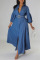 Blue Casual Solid Patchwork Buckle With Belt Turndown Collar Shirt Dress Dresses