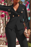 Black Fashion Solid Buckle Turndown Collar Long Sleeve Two Pieces