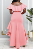 Pink Elegant Solid Patchwork Flounce Asymmetrical V Neck Evening Dress Dresses