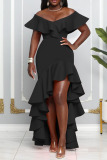 Black Elegant Solid Patchwork Flounce Asymmetrical V Neck Evening Dress Dresses