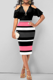 Black Pink Fashion Striped Patchwork Zipper Collar Pencil Skirt Dresses