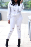 White Casual Solid Ripped Hooded Collar Long Sleeve Two Pieces