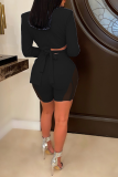Black Sexy Solid Patchwork Mesh Turndown Collar Long Sleeve Two Pieces