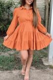 Orange Casual Solid Patchwork Buckle Fold Turndown Collar A Line Dresses