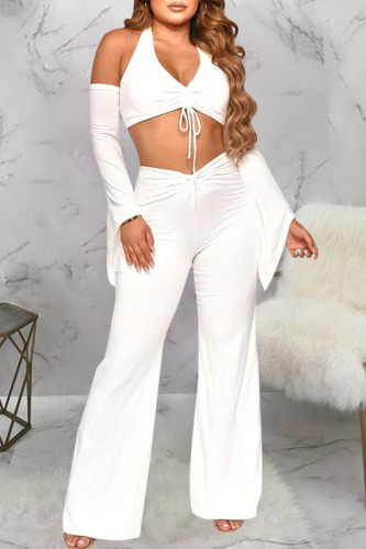 White Sexy Solid Patchwork Frenulum Halter Long Sleeve Two Pieces
