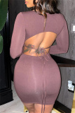Light Pink Sexy Casual Solid Bandage Backless O Neck Long Sleeve Dresses