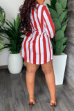 Red Fashion Casual Striped Print Bandage Patchwork With Belt V Neck Straight Dresses
