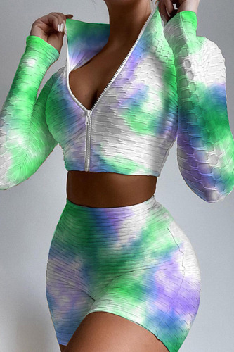 Green Casual Sportswear Print Patchwork Zipper Collar Long Sleeve Two Pieces