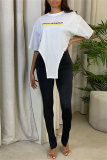 White Fashion Casual Letter Print Asymmetrical O Neck T-Shirts